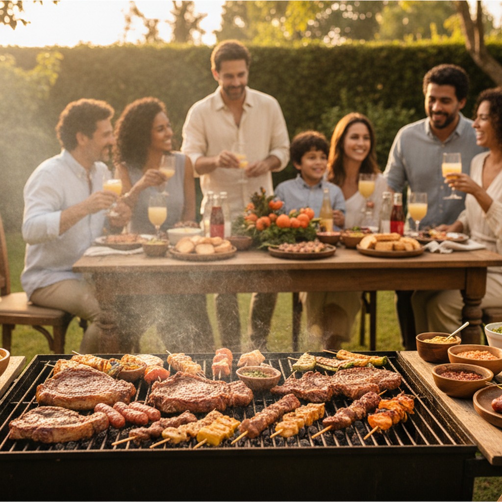 Família brasileira reunida em churrasco de quintal ao pôr do sol