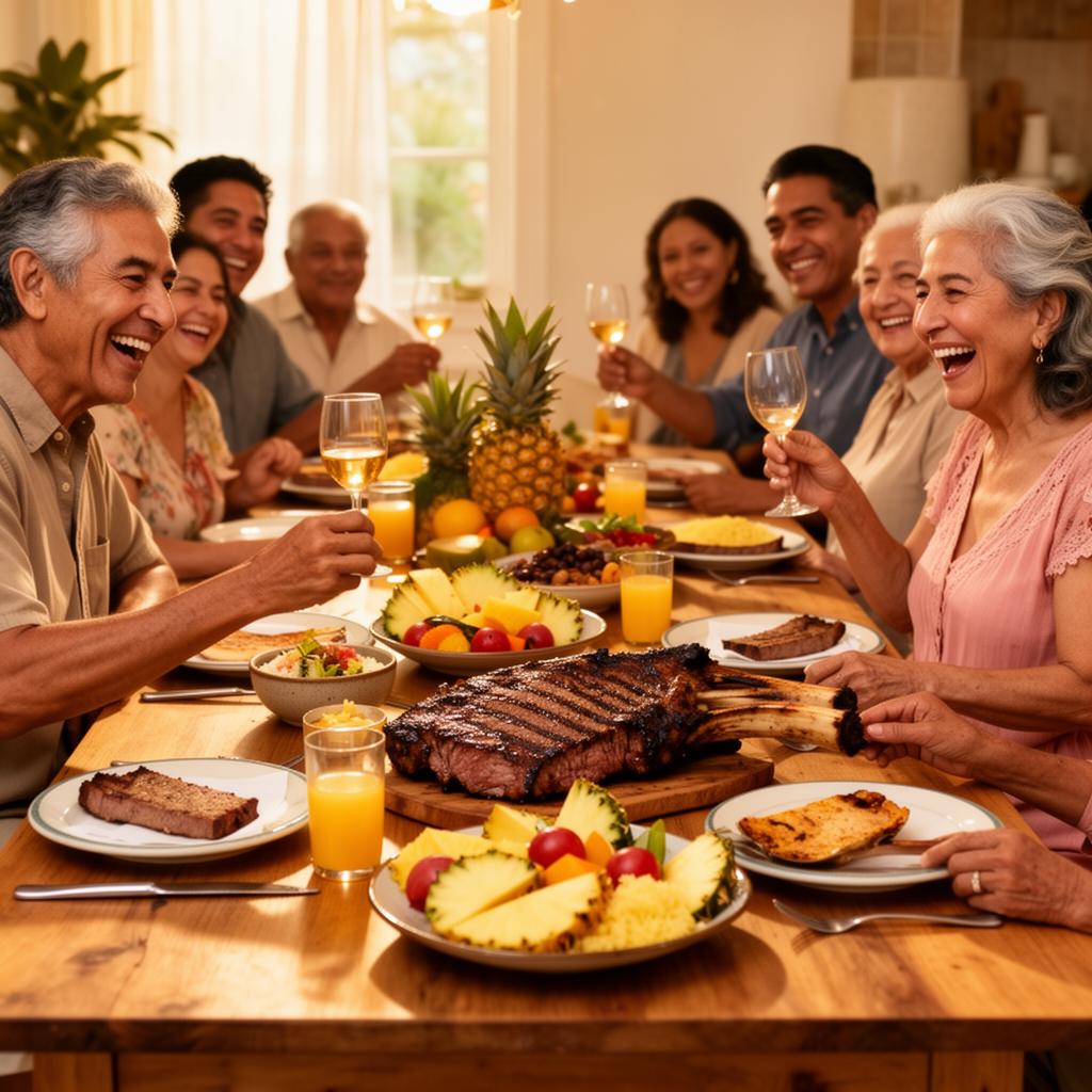 Latino family celebrating with food